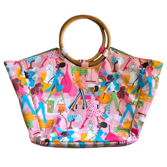 NWT Neiman Marcus Canvas Small Tote Bamboo Handles - Picture 2 of 7